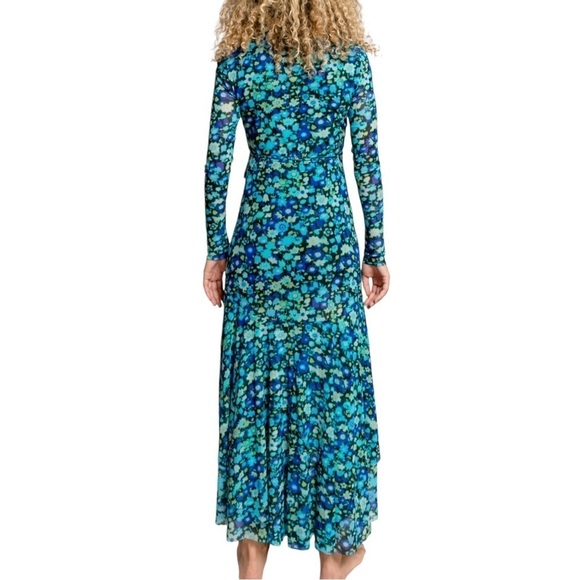 GANNI Floral Print Stretch Mesh Long Sleeve Maxi Wrap Dress - Picture 2 of 13